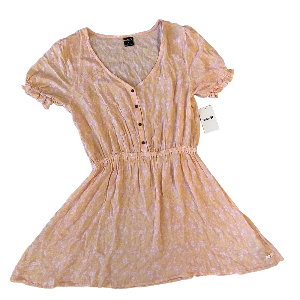 NWT Hurley Peach Floral Light Pink Print V Neck Cinched Waist Dress Large